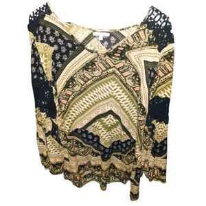 Women's Charlotte Russe Long Bell Sleeve Crochet Mixed Media Print Tunic Size L